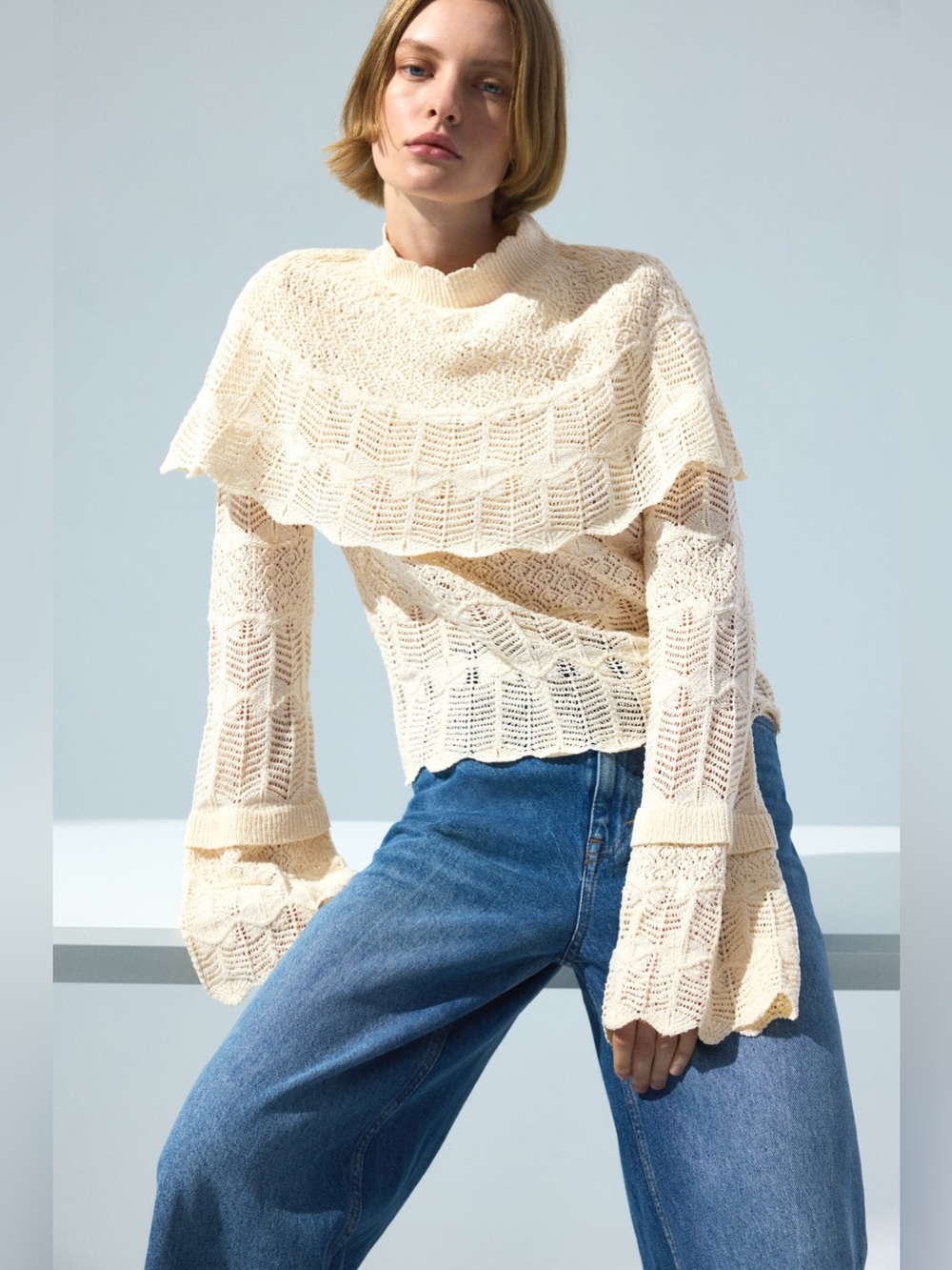 NWOT Women's Cream Crochet Ruffle Sweater